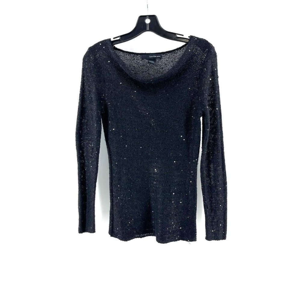 Calvin Klein Jeans Women's Black Long Sleeve Sparkly Sequins Knit Sweater Size S
